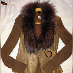 Vintage Cache Leather And Raccoon Collar Sweater With Buckle